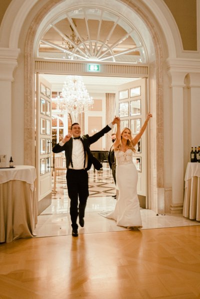 Bride groom walk dining room