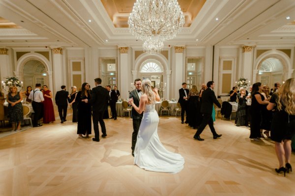 Bride groom hug wedding room dancing