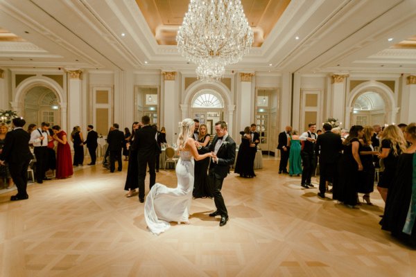 Bride groom hug wedding room dancing