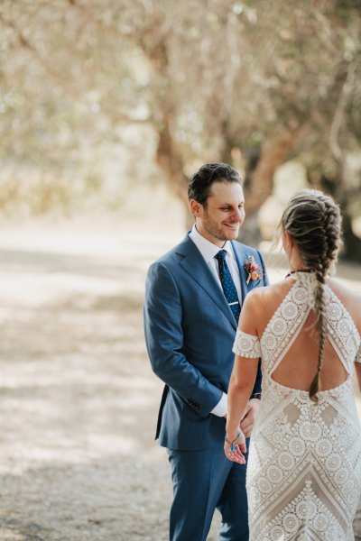 Bride groom forest park tree sunshine bouquet flowers hay field