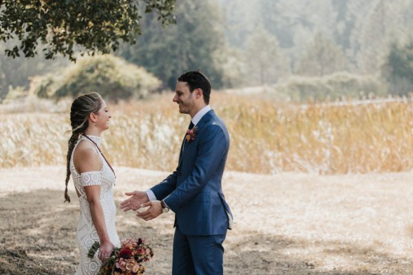 Bride groom forest park tree sunshine bouquet flowers hay field