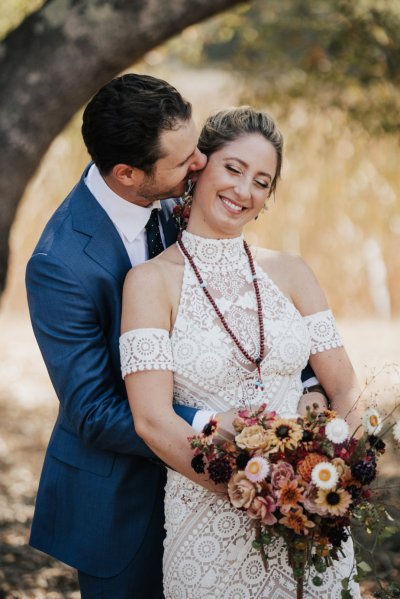 Bride groom forest park tree sunshine bouquet flowers hay field