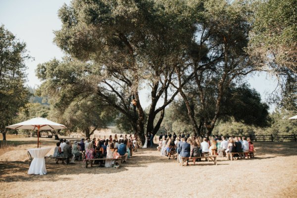 Bride groom at alter guests wedding park trees