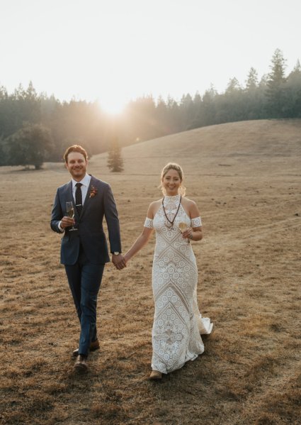 Bride groom sunset exterior park forest