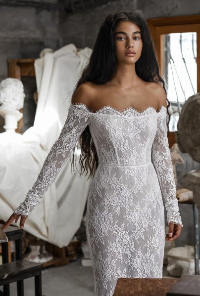 Bridal off the shoulder long sleeve scalloped neckline fully embellished lace sheath wedding dress chapel train