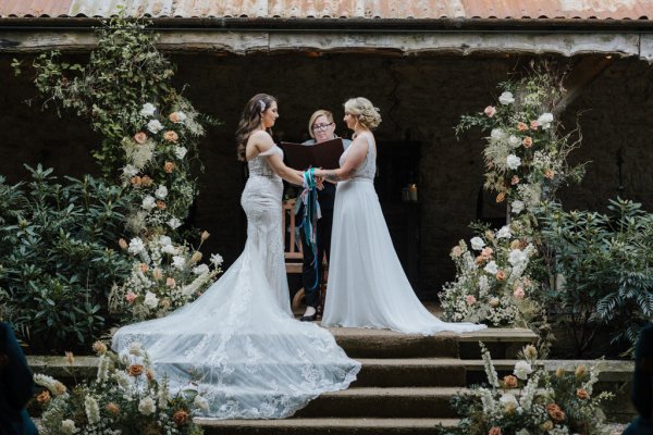 Long dress train lace gown bridalwear steps flowers brides wives