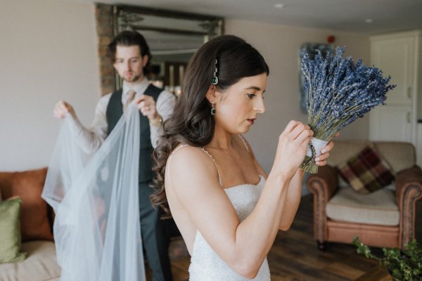 Bride getting ready train dress