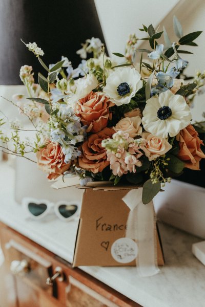 Mrs heart-shaped glasses bouquet of flowers