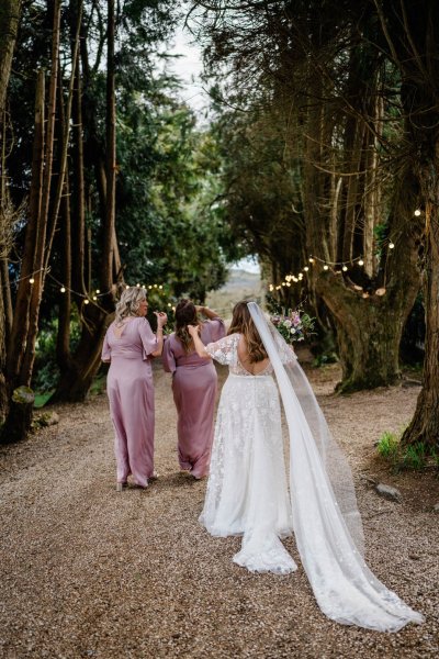 Bride veil white dress and bridesmaids