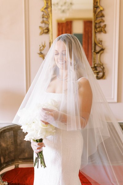 Bride holding bouquet of flowers veil