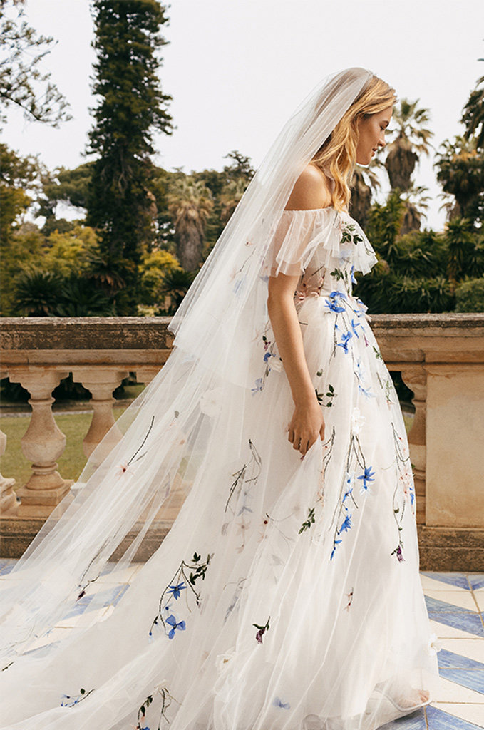 Monique Huillier White wedding dress with blue accents