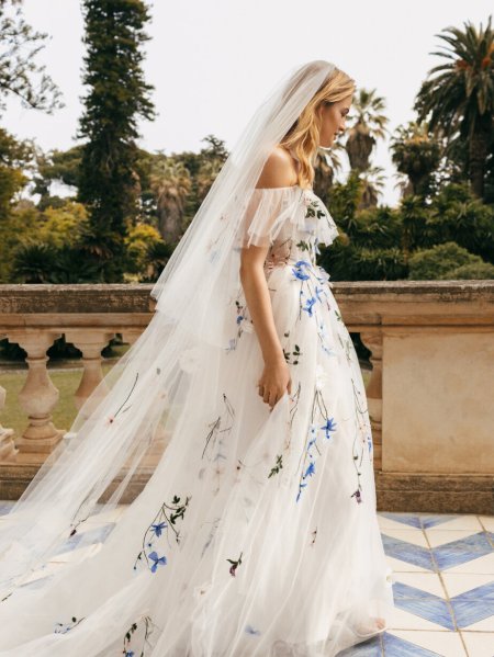 Monique Lhuillier Bridal train floral design blue