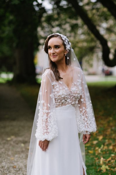 Front of bridal gown dress lace and veil detail