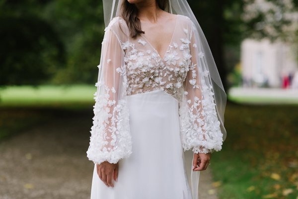 Front of bridal gown dress lace and veil detail