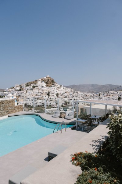 Greece sunshine white buildings swimming pool and landscape