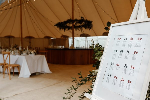 Name placement detail sign and empty dining room