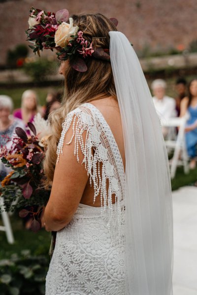 Back of brides dress and veil detail