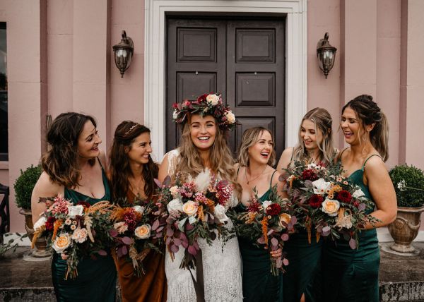 Bride and bridesmaids flowers in hands