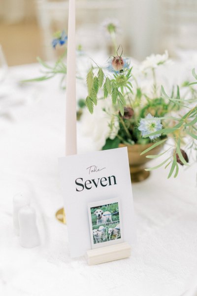 Close up of table decor candles and flowers seven name placement