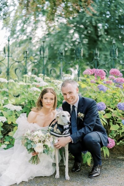 Couple and dog bride and groom