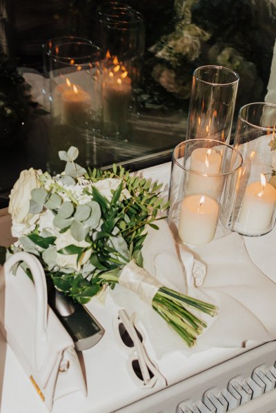 Close up of candles lit on table