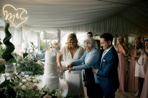 Bride and groom cut the cake