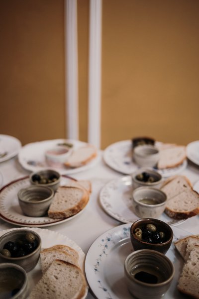 Sauces and bread cutlery on table