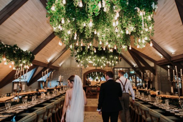 Interior setting bride and groom in dining room