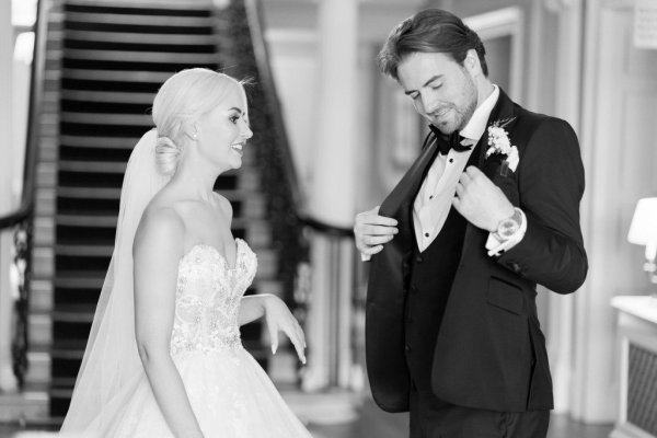 Black and white image of bride and groom