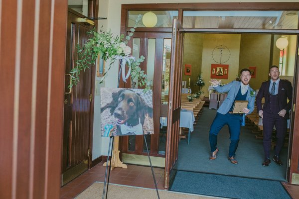 Dog portrait outside of church ceremony