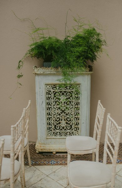 Interior white chairs ceremonial room plant detail