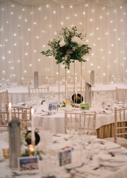 Empty dining room table room flowers chairs cutlery and lights