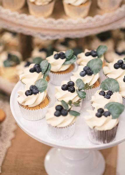 Up close detail of creamy cupcakes with fruit on top