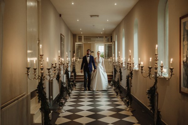 Checkered floor detail bride and groom interior shot