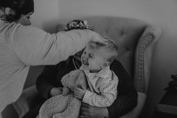 Black and white little boy smiling laughing