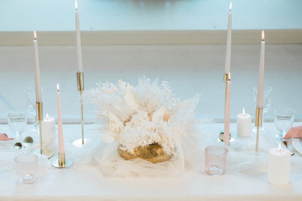 Dining room setting table interior candles white roses flowers