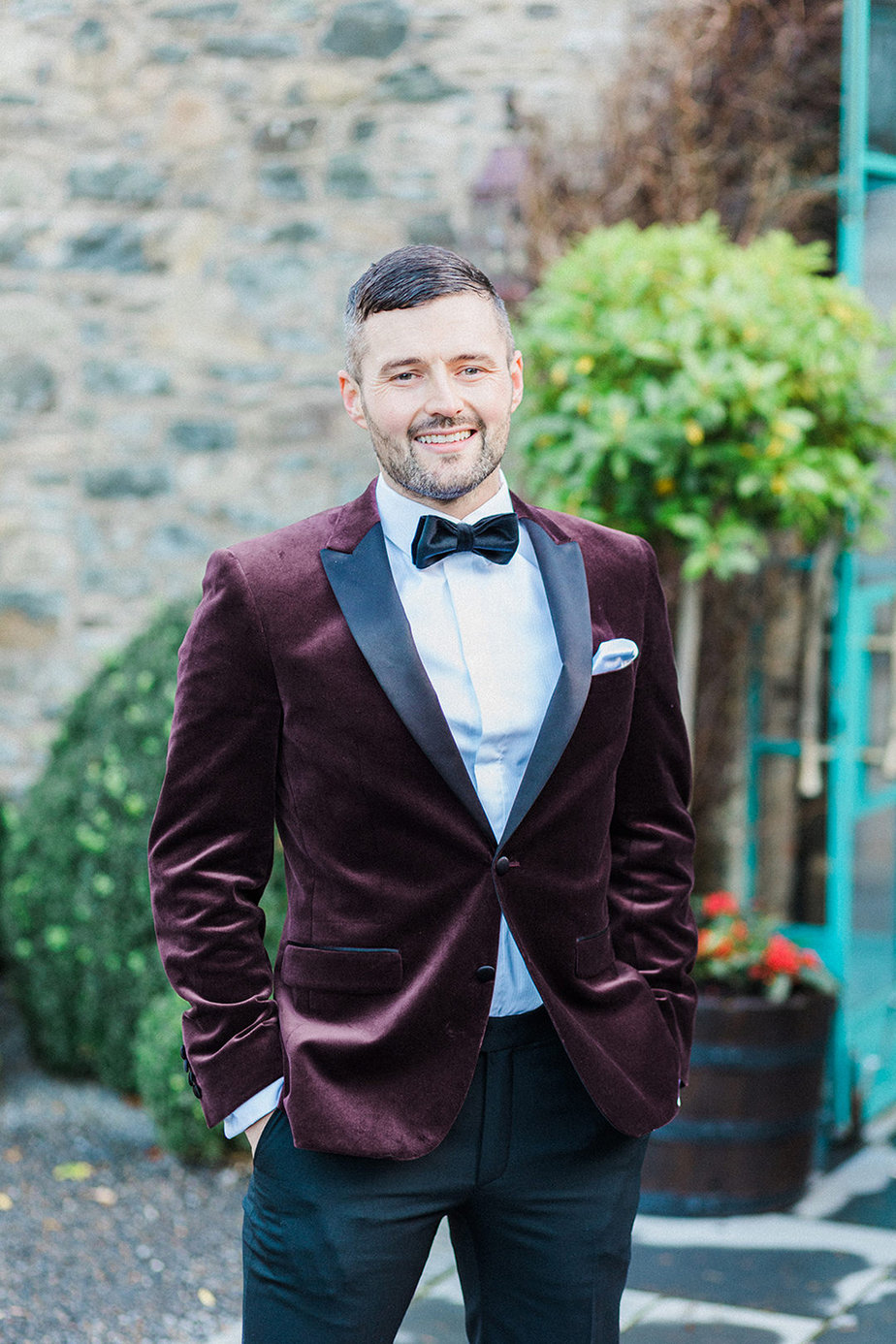 velvet burgundy tuxedo groom