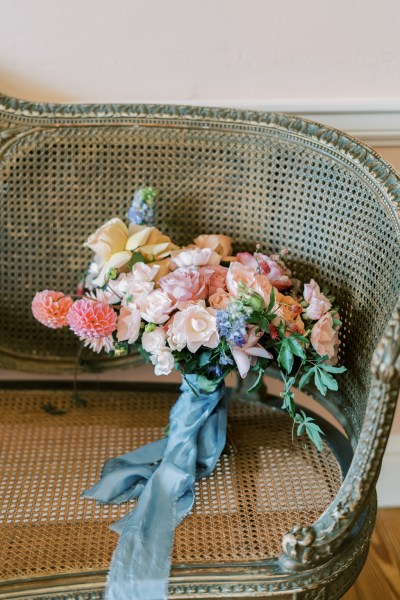 Bouquet of flowers roses placed on chair