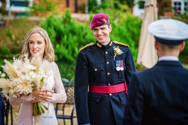 Bride and groom smiling