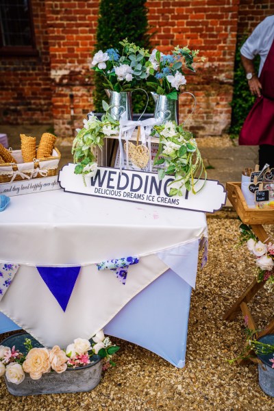 Wedding sign on blue decor table