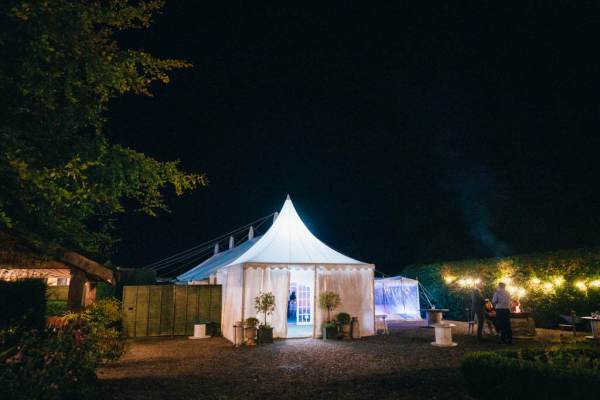 Marquee tent nighttime shot exterior