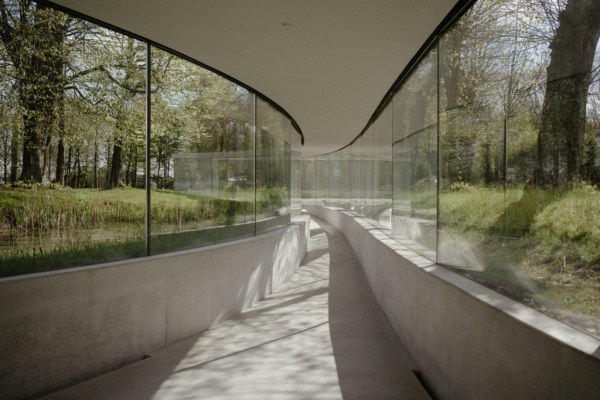 Empty greenhouse setting reflection garden view corridor detail