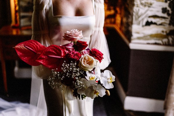 Close up of red pink roses bouquet