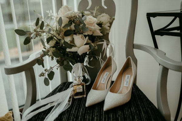 Bridal heels shoes Jimmy Choo white and Chanel no.5 perfume detail white roses flowers