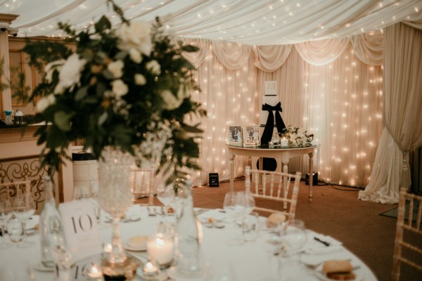 Empty ballroom dining room setting lights and candles light up lit