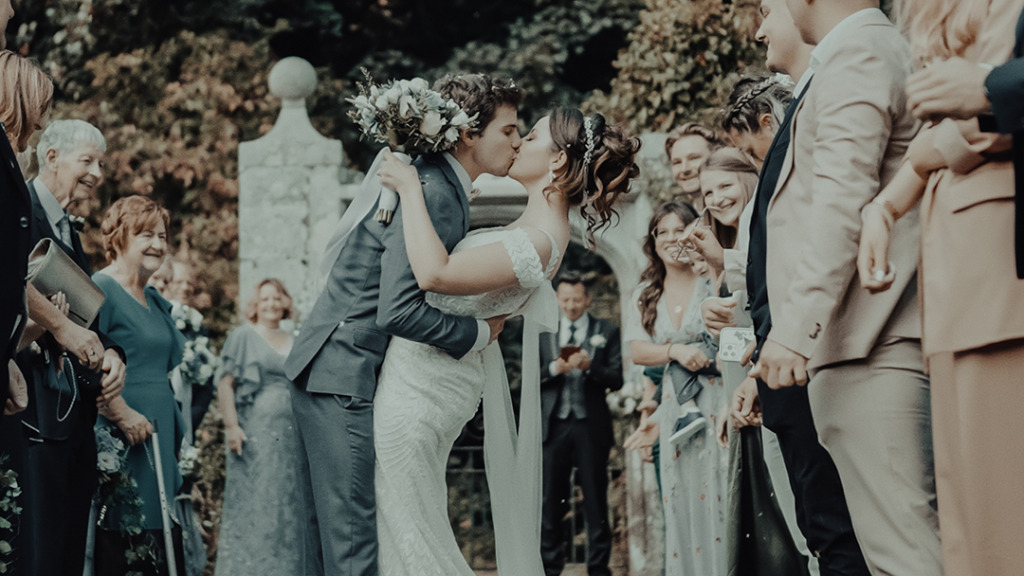 bride and groom kissing