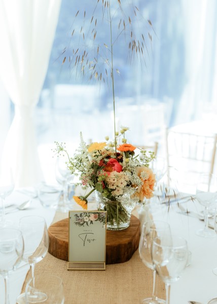 Flowers candles roses and glasses on table