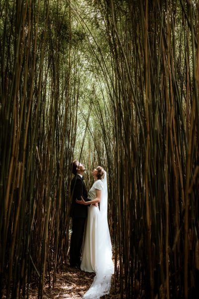 Bride and groom pose amongst the trees in forest holding each other looking up