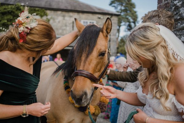 Bride and bridesmaid with horse