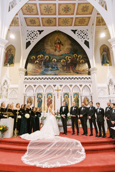 Long train of bridal gown/dress on steps with groom and groomsmen/bridesmaids